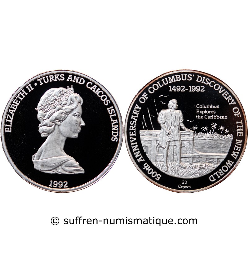 ILES TURQUES ET CAIQUES - CROWN ARGENT 1992 "Colombus explores the caribbean"