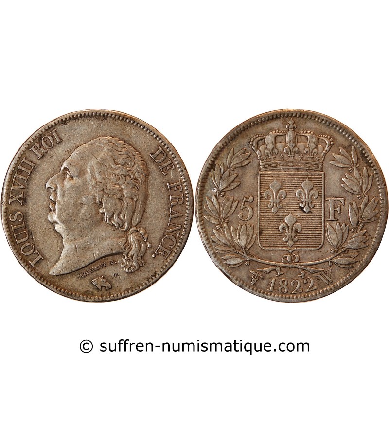 LOUIS XVIII - 5 FRANCS ARGENT 1822 W LILLE