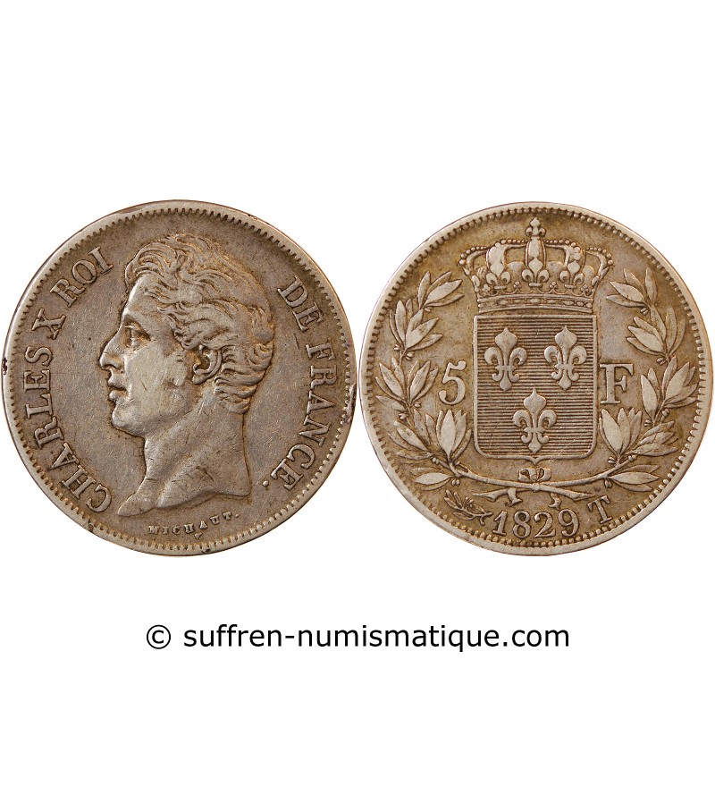 CHARLES X - 5 FRANCS ARGENT 1829 T NANTES "2ième Type"