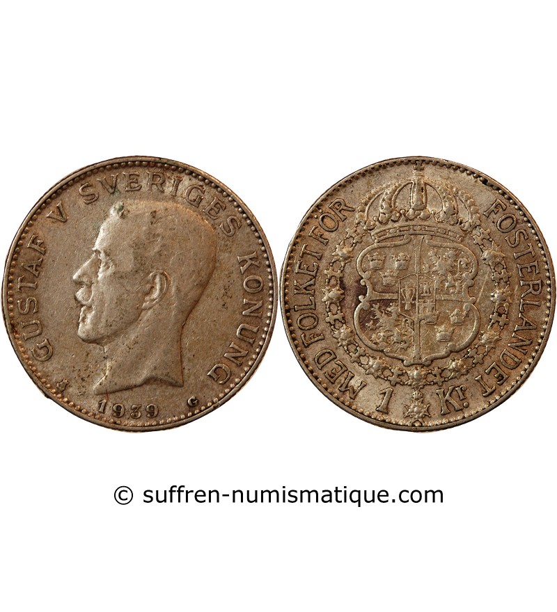 SUÈDE, GUSTAF V - KRONA ARGENT 1939 G