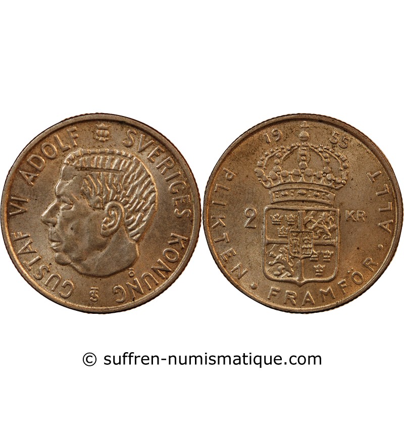 SUÈDE, GUSTAF VI ADOLF - 2 KRONOR ARGENT 1955 TS