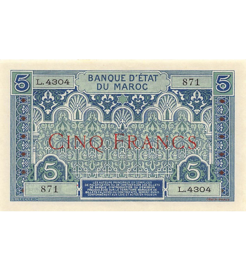 MAROC, BANQUE D'ÉTAT - 5 FRANCS 1924 Série L.4304 / 871