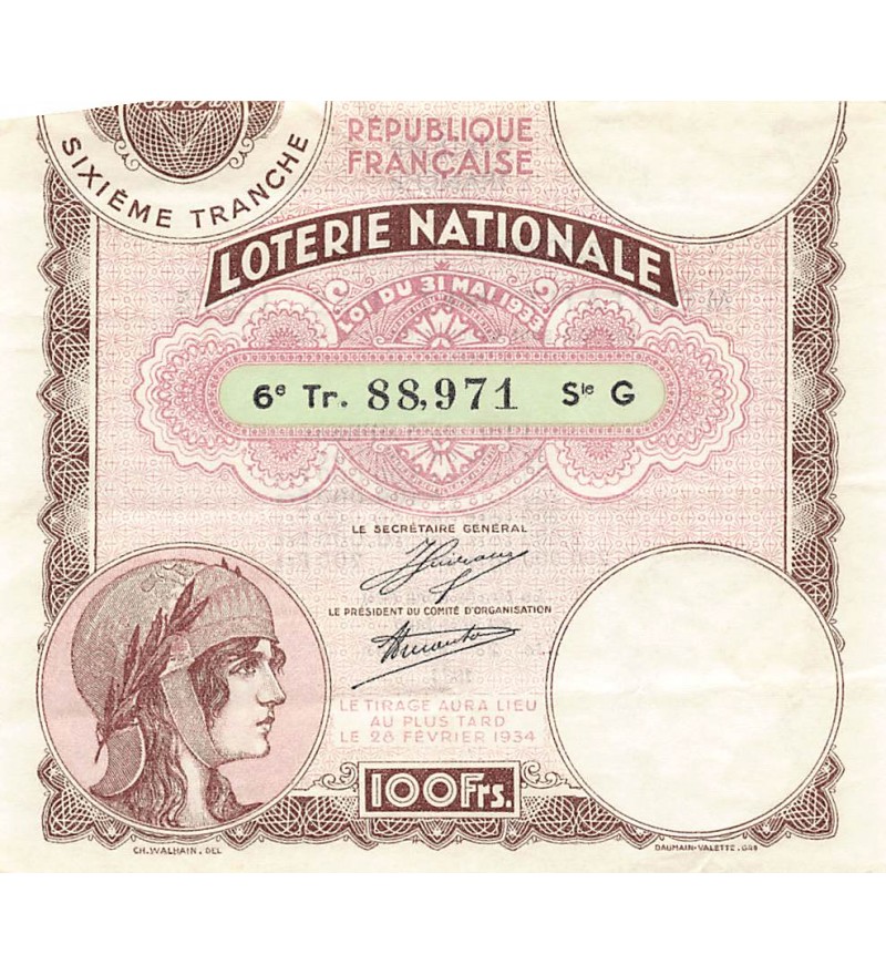 Billet de Loterie Nationale, 100 FRANCS 26 Février 1934