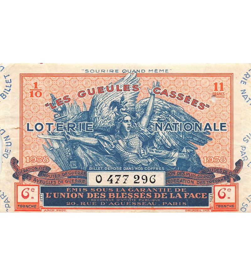 Billet de Loterie Nationale, Les Gueules Cassées - 1938