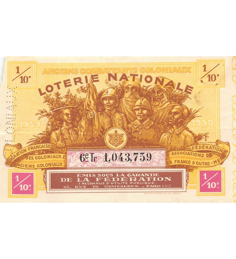 Billet de Loterie Nationale, Anciens Combattants Coloniaux - 1939