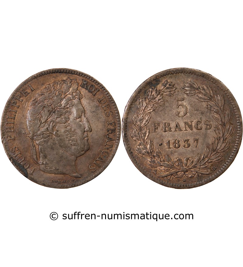 LOUIS PHILIPPE﻿ - 5 FRANCS ARGENT 1837 B ROUEN "Type Domard, Tr relief"