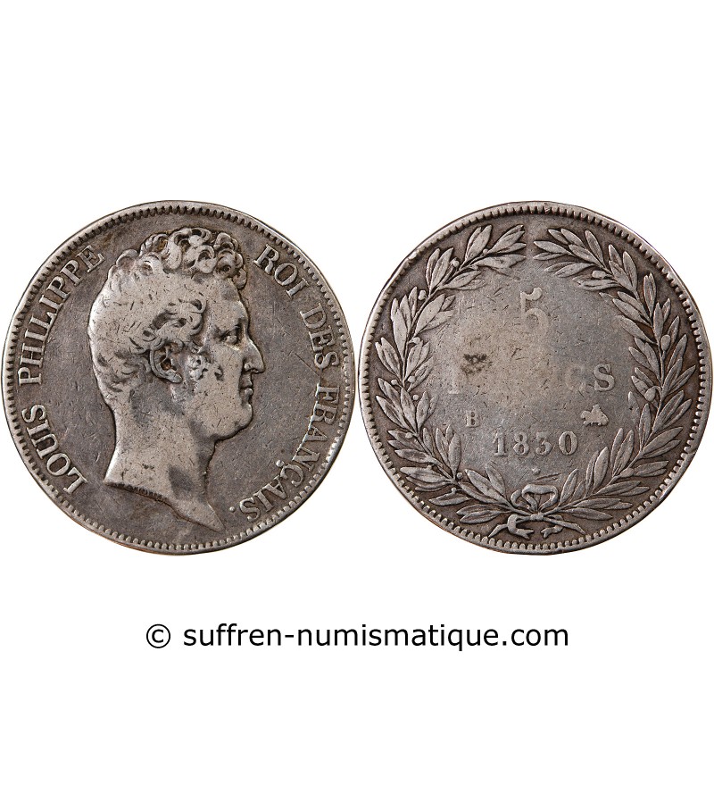 LOUIS PHILIPPE﻿ - 5 FRANCS ARGENT 1830 B ROUEN "Type Tiolier sans le I, Tr creux"