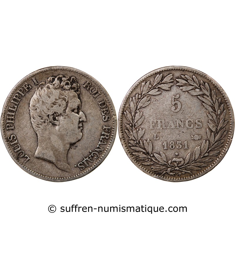 LOUIS PHILIPPE - 5 FRANCS ARGENT 1831 L BAYONNE "Type Tiolier, Tr creux"