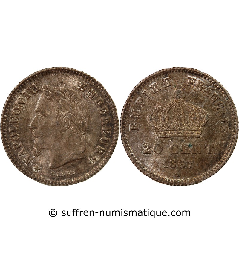 NAPOLEON III, TÊTE LAURÉE - 20 CENTIMES ARGENT 1867 A PARIS