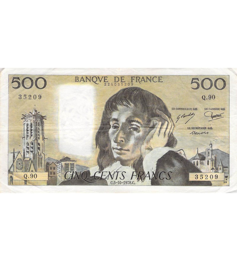 FRANCE - 500 FRANCS PASCAL 05/10/1978 - SÉRIE Q.90 - TB+