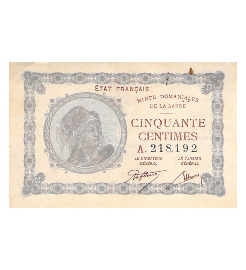 SARRE, MINES DOMANIALES - 50 CENTIMES 1920 SÉRIE A - TTB+