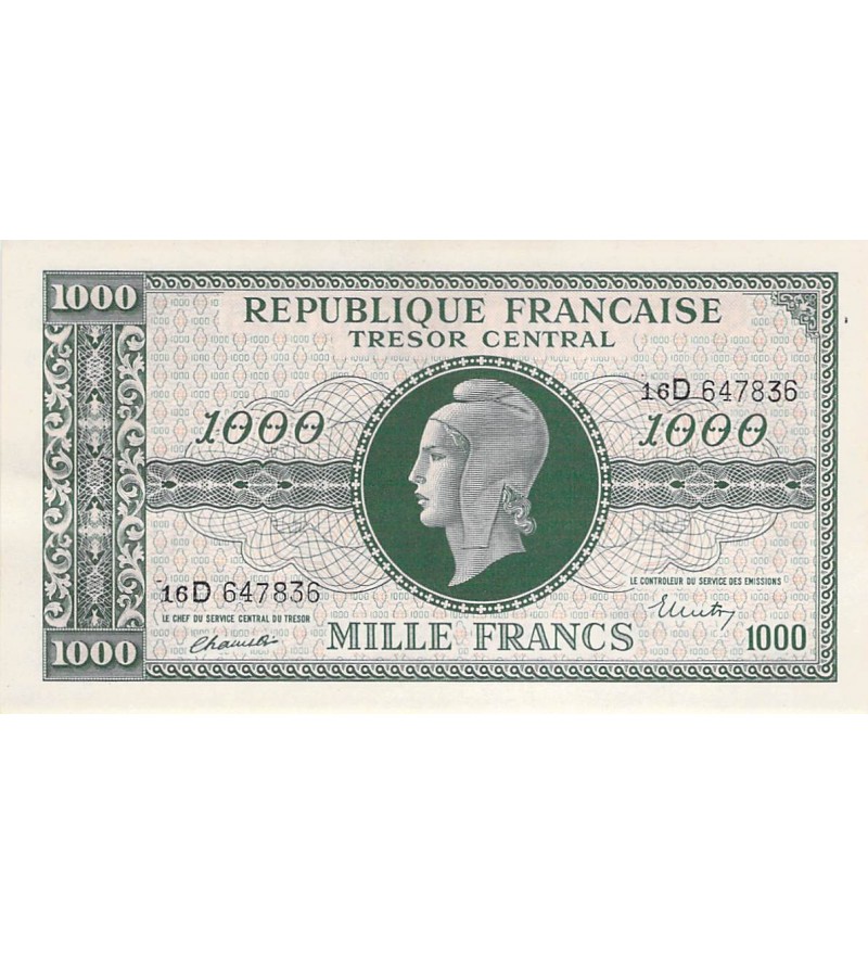 TRÉSOR CENTRAL, MARIANNE - 1000 FRANCS 1945 SÉRIE D chiffres maigres - SPL