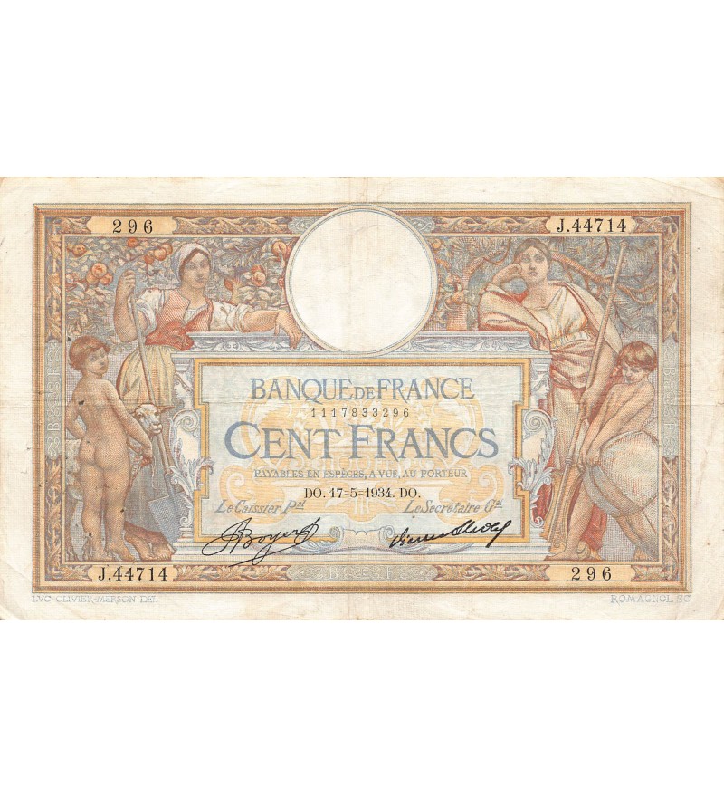 FRANCE, LUC-OLIVIER MERSON - 100 FRANCS 17/05/1934 - TB+