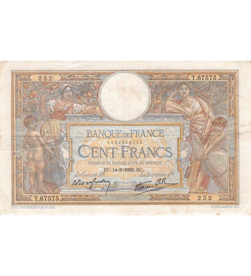 FRANCE, LUC-OLIVIER MERSON - 100 FRANCS 14/09/1939 - TTB