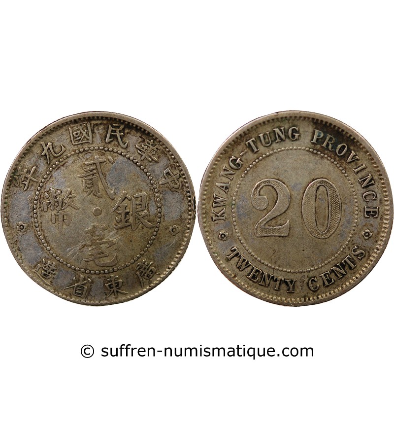 CHINE, GUANGDONG (KWANG-TUNG) - 20 CENTS ARGENT 1920