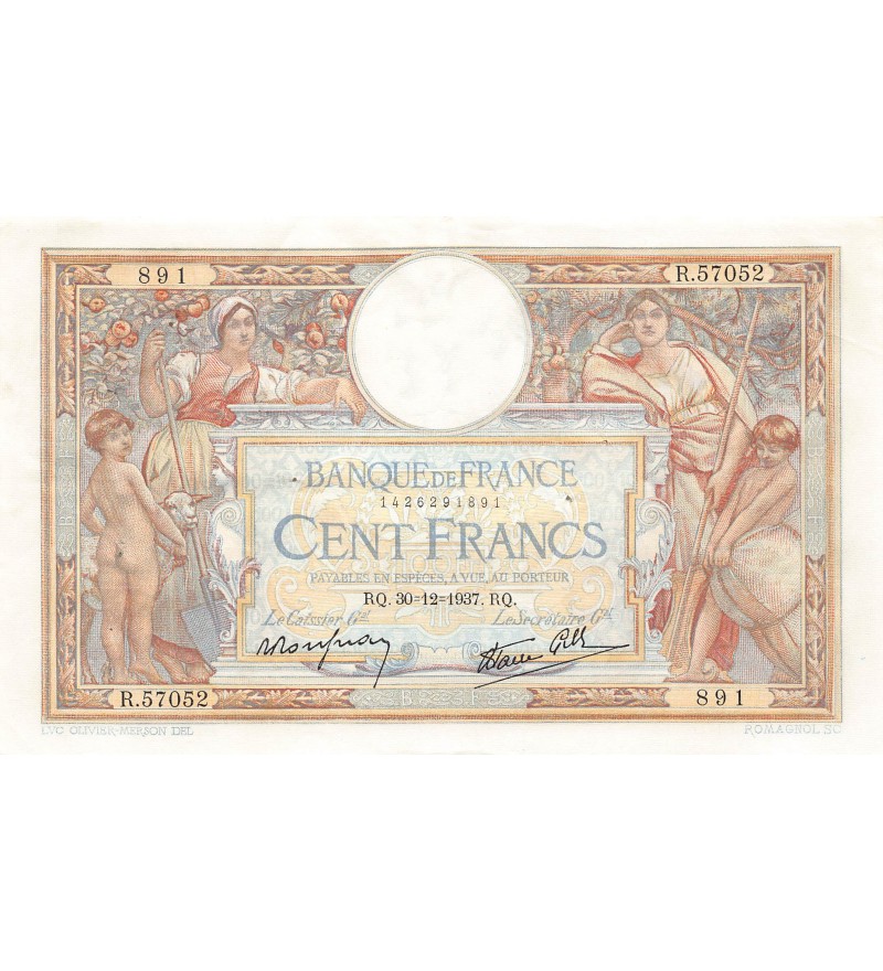 FRANCE, LUC-OLIVIER MERSON - 100 FRANCS 30/12/1937 - TTB+