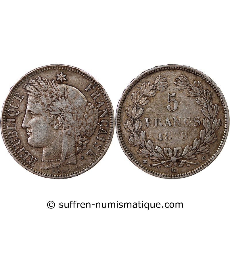 CERES - 5 FRANCS ARGENT 1870 K BORDEAUX  "Sans légende"