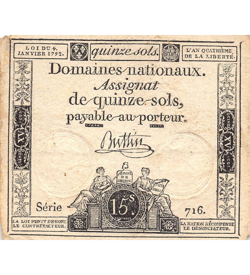 RÉVOLUTION FRANCAISE, ASSIGNAT - 15 SOLS - LOI DU 04/01/1792 - TTB