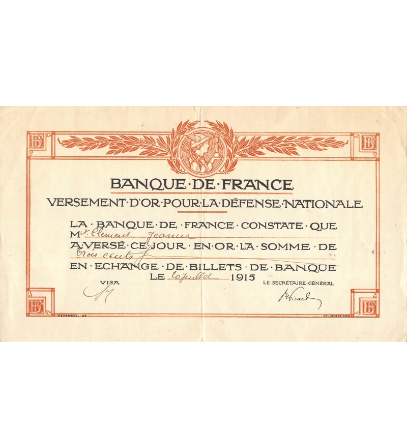 BANQUE DE FRANCE, DEFENSE NATIONALE - BON DE VERSEMENT OR 1915