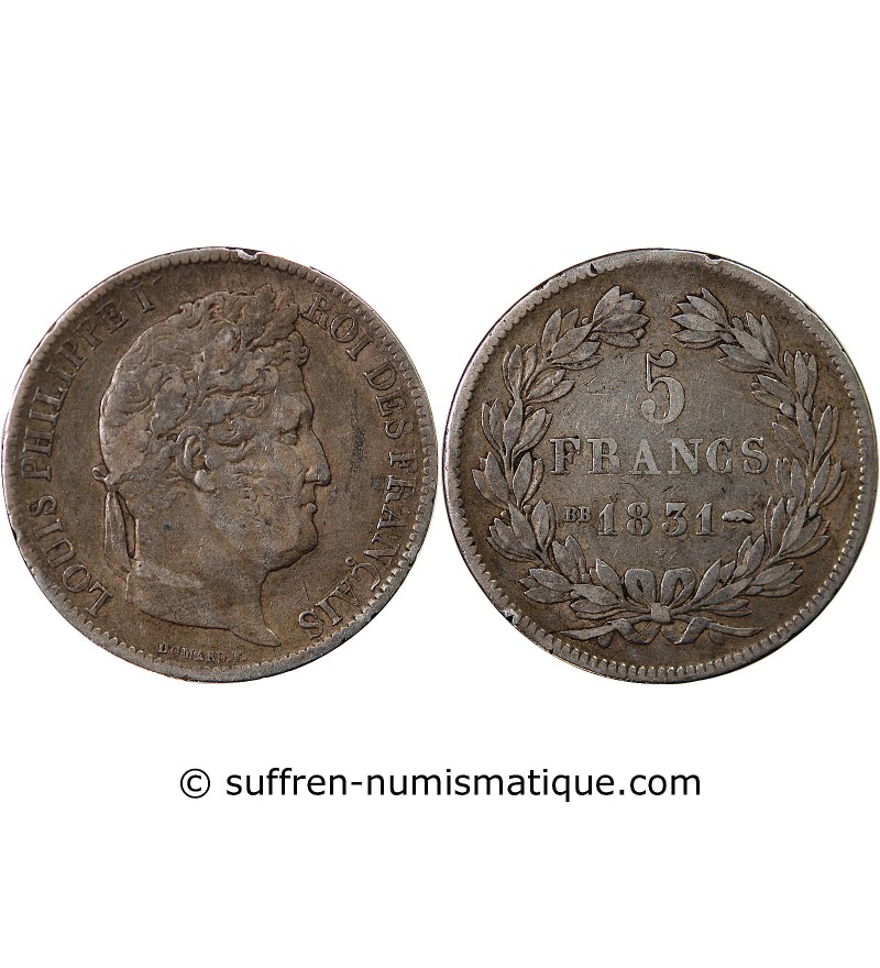 LOUIS PHILIPPE - 5 FRANCS 1831 BB STRASBOURG "Tranche en creux"