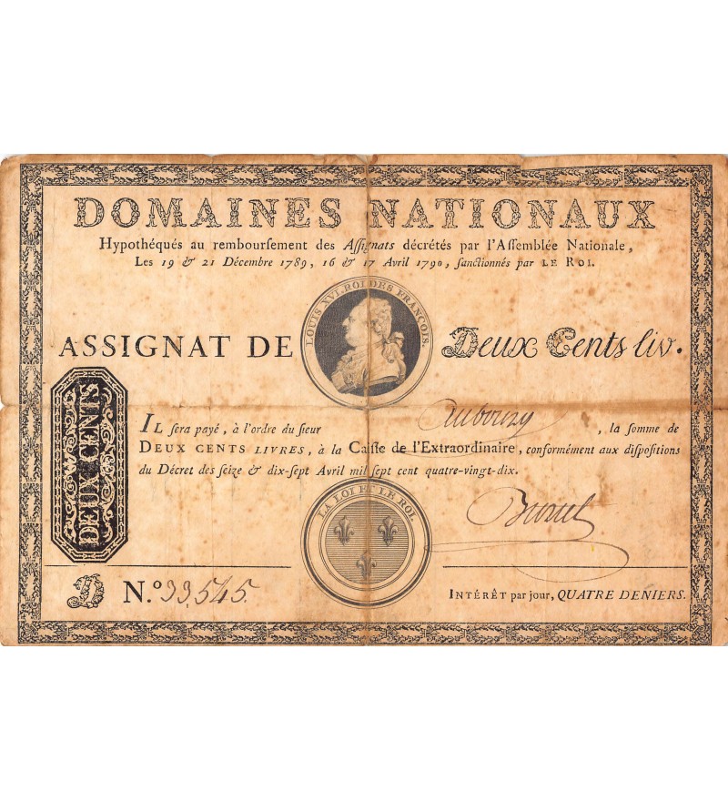 ASSIGNAT, LOUIS XVI - 200 LIVRES - DECRETS 1789 / 1790 - SÉRIE D - SIGN. BURTEL